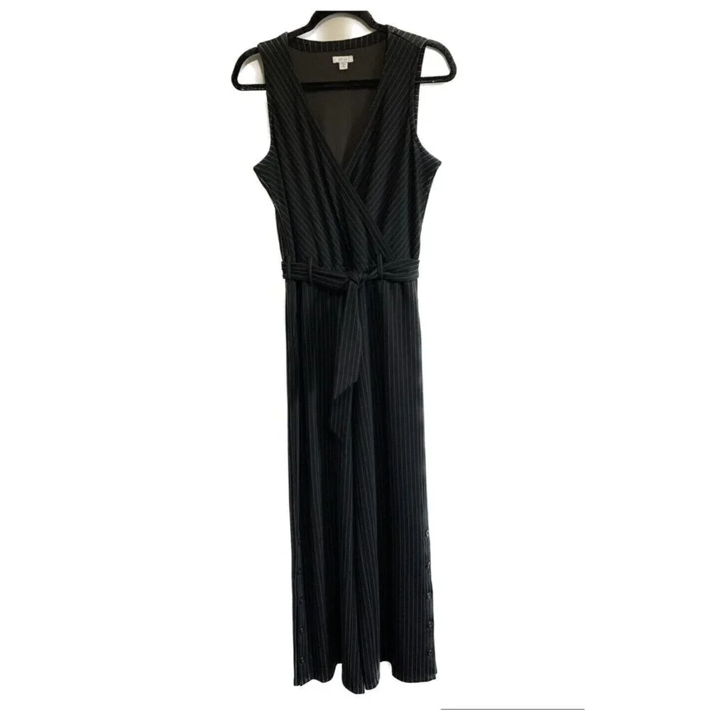 J.Jill Women’s Wide Leg Sleeveless Jumpsuit Size SP Black Pinstripe Academia